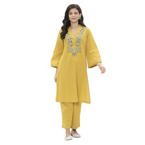 Rangriti Women Yellow Cotton Straight Kurta Set_46
