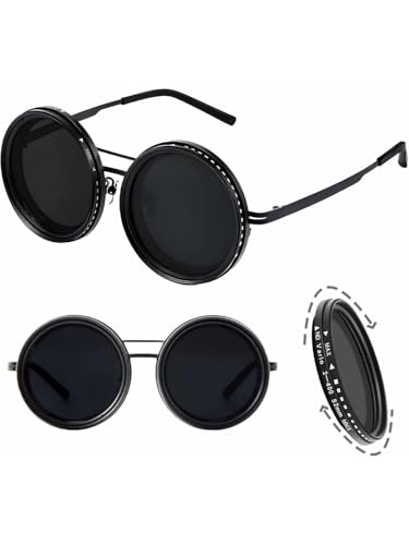 Vibe lens by HASHTAG EYEWEAR | 1-9 Gear Adjustable Tint Sunglasses | Polarized Round UV400 Goggles for Men | Metal Frame | Manually Dimmable | Beach | Driving | Fishing
