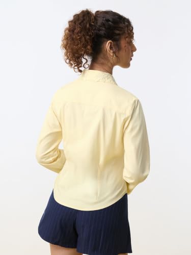 The Souled Store Tailored Solids: Lemon Tonic Women and Girls Full Length Spread Collar Yellow Embroidered Cotton Slim Fit Stretch Fabric Shirt for Formal Wear and Business Casual