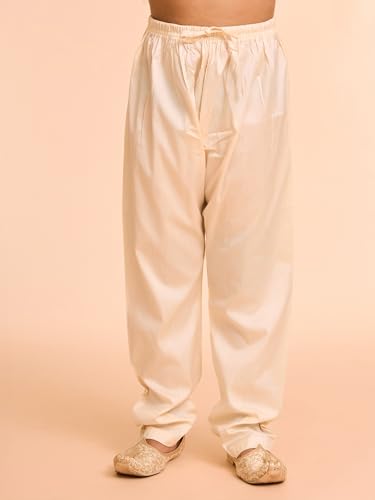 Manyavar Boys Viscose Blend Leheriya Printed Kurta Pyjama Set (Warm White,8-10Y)
