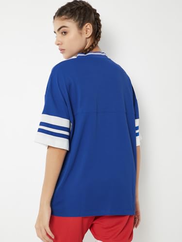 Max Women Printed Oversized Sports T-Shirt (Blue_S)