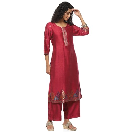 BIBA Women YARNDYED STRAIGHT SALWAR KURTA DUPATTA(SKDARTSY WE9103_PINK_42)