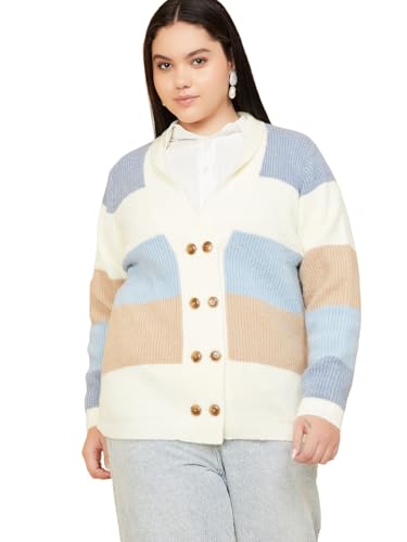 Max Women Knit Colourblock Cardigan (Blue_3XL)
