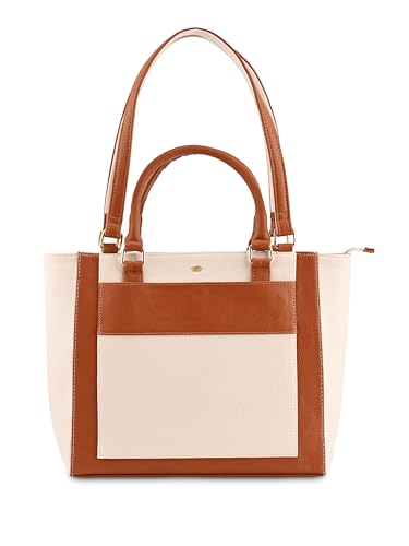 Symbol Premium Women's Tote Hand Bag crafted from Imported PU | Stylish | Office Use - 14" Laptop (SP-SS25-CARL-BAG-03_Cream + Tan_Free Size)