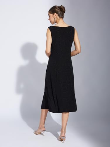 Latin Quarters Women Black Solid A-Line Midi Dress with V-Neck and Sleeveless Design Ideal