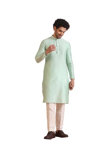 KISAH Men's Kurta Trouser Set, Green Silk Blend, Solid Regular Fit Mandarin Collar Long Sleeves, 44