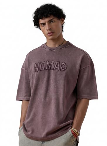 The Souled Store Nomad: Dusty Pink Men and Boys Short Sleeves Round Neck Embroidered Casual Drop Shoulder Streetwear Trendy Cotton Super Oversized T-Shirt