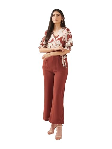Latin Quarters Women Rust V- Neck Short Sleeves Wrap Printed Casual Jumpsuit_L