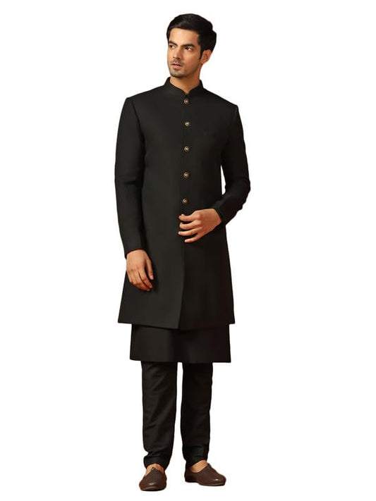 KISAH Men's Kurta Indo-Western Sherwani Trouser Set, Black Jacquard, Woven Design Regular Fit Mandarin Collar Long Sleeves (44)