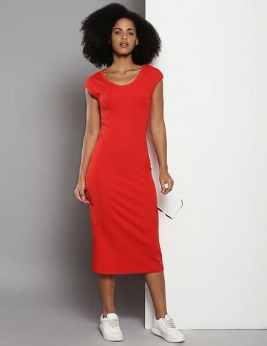 Tommy Hilfiger Cotton Red Solid Round Neck Cap Sleeves Women Slim Rib Dress (S)