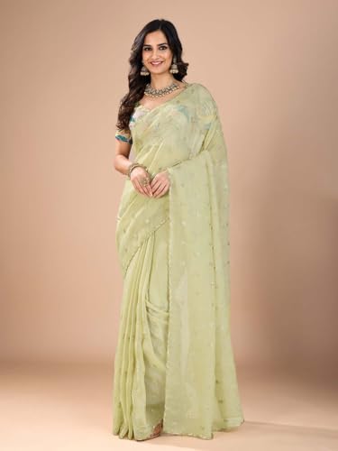 AKHILAM Women's Light Green Tissue Sequins Work Saree With Unstitched Blouse Piece (RANI2601_RN)