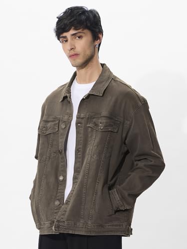 The Souled Store Stone Olive Men and Boys Long Sleeves Collared Neck Button Front Cotton Oversized Denim Jackets