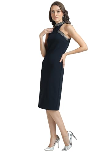 Kazo Women's Polyester Fit and Flare Knee-Length Dress (124140NVYBLXL_Navy Blue