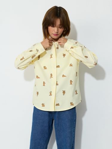 The Souled Store Garfield: Poses Women and Girls Long Sleeves Spread Collar Light Yellow Embroidered Cotton Relaxed Fit Lightweight All-Season Comfortable Stylish Everyday Shirt