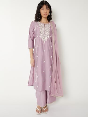 Max Women Embroidered Straight Kurta Set(Purple_L)