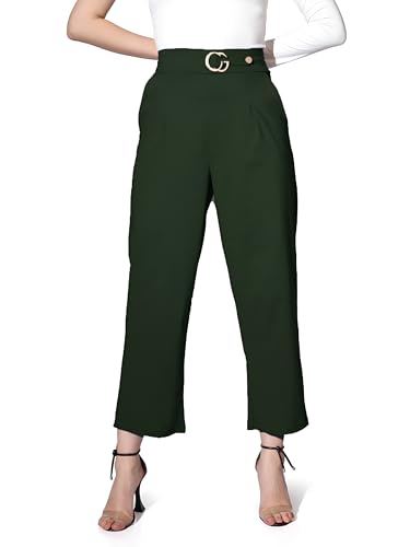 Leriya Fashion Trousers for Women || Solid Bi-Stretch Straight Trousers with 2 Front Pockets & Decorative Buckle || for Office || Casual || Professionals Wear Pleated Trousers (Medium, Green)