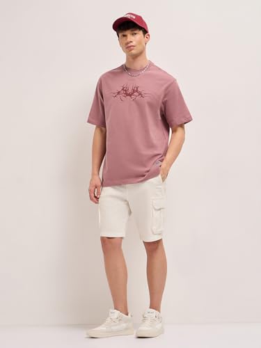 THE BEAR HOUSE Men's Cotton Graphic Oversize Fit Pink T-Shirt