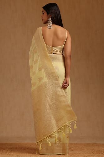 Soch Womens Light Yellow Tussar Floral Zari Woven Saree