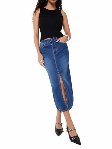Max Women Washed Denim High Rise Skirt (Blue_30)