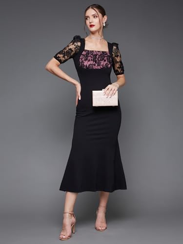 Miss Chase Women's Square Puff Sleeve Solid Lace Overlaid Ankle Length Dress (MCSS23D79-01-62-05, Black, L)