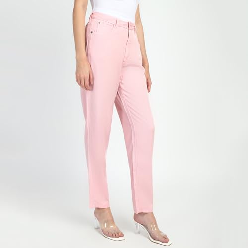 GUESS Women's Pink Lyocell Solid Relaxed Fit Jeans
