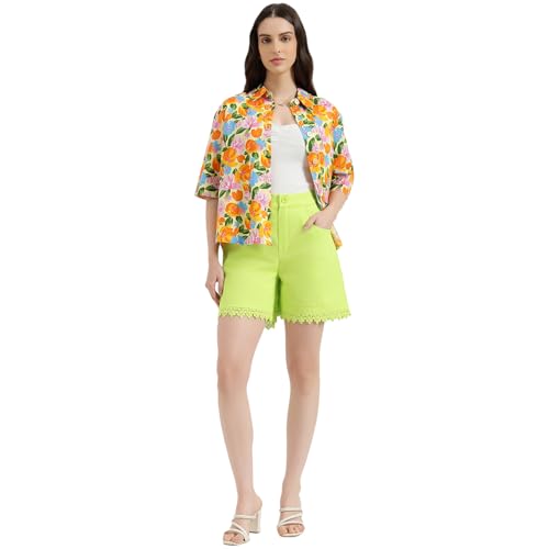 United Colors of Benetton Regular Fit Solid High Rise Shorts (Size: M) - 26P4WVNSH309IWL1 Green