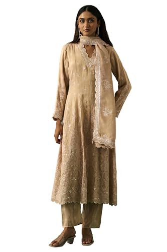 Wishful Women's Beige Embroidered Anarkali Kurta with Straight Pant and Dupatta Set - (SP12866-401193-M)
