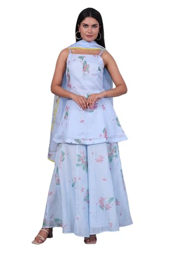 W for Woman Blue Floral Printed Thread Embroidered Kota Flared Kurta, Flared Pant and Dupatta Set (Size: M)-WS12677-125426