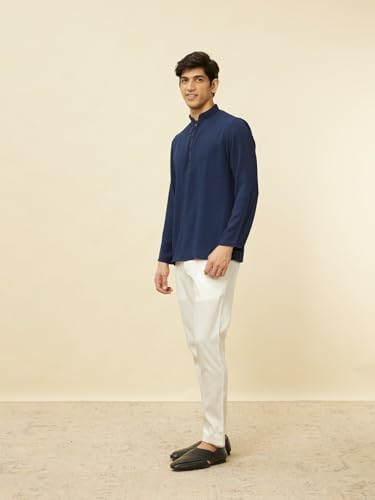 Manyavar Mens Blue Art Silk Solid Short Kurtas