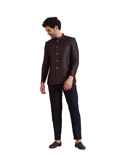 KISAH Men's Jodhpuri Bandhgala-Blazer Trouser Set, Magenta Silk Blend, Woven Design Regular Fit Mandarin Collar Long Sleeves (38)