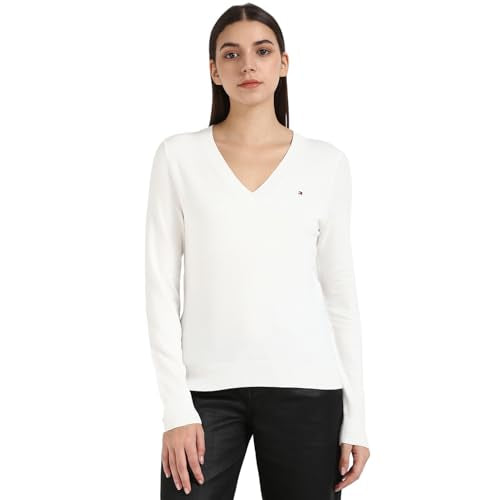 Tommy Hilfiger Women's Viscose V-Neck Sweater (S25HWSW015 White