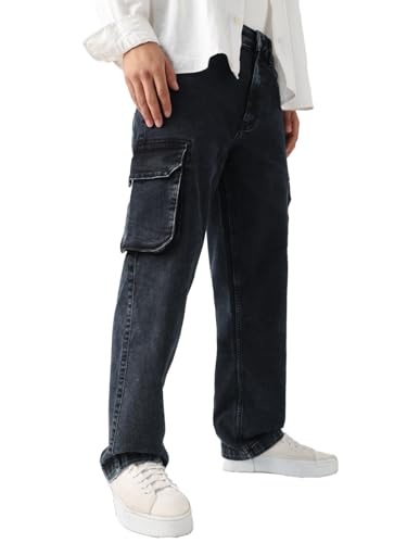 The Souled Store Solids: Stone Grey Men and Boys Buttoned Straight Fit Cargo Jeans