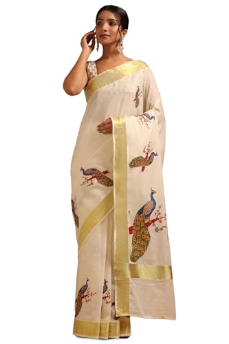 Soch Womens Cream Cotton Bird Motifs Kasavu Saree