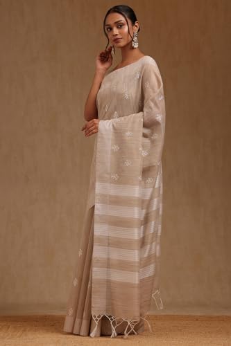 Soch Womens Beige Chanderi Embroidered Saree With Thread Work