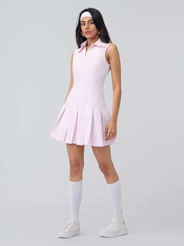 The Souled Store Tennis Dress: Rose Blush Women and Girls Sleeveless Collared Neck Solid Polyester Slim Fit Lightweight Pleated Hem Casual Skater Tennis Dress