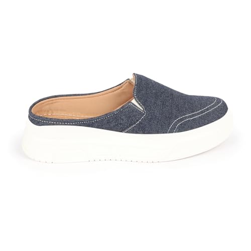 FAUSTO FST FJDWC-7014 NAVY-38 Women's Navy Blue Fashion Classic Stitched Upper Denim Open Back Slip On Height Enhancer Casual Shoes (5 UK)