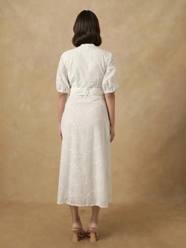 Rareism Women's Round Neck Embroidered Puff Sleeves Midi A-Line Dress