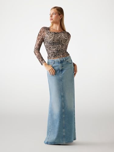 GUESS Women's Phyton Natural Skin Printed Asymmetrical Full Sleeve Bernardette Slinky Mesh Top