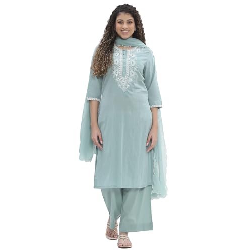 BIBA Women Green Cotton Straight Suit Set_42
