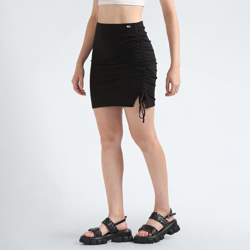 Tommy Hilfiger Polyester Black Solid Women Gathering Mini Skirt (S)