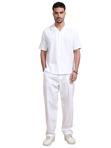 StitchX Men’s Airport Look Textured Seersucker Resort Cotton Shirt & Trouser Co-Ord Set Bright White M