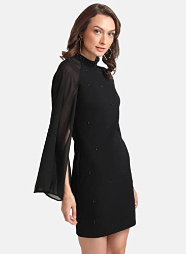 Kazo Women's Polyester Fit and Flare Knee-Length Dress (124070BLACKS_Black