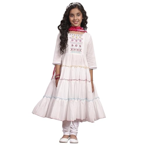 Biba Girl's White Cotton Tiered Solid Suit Set