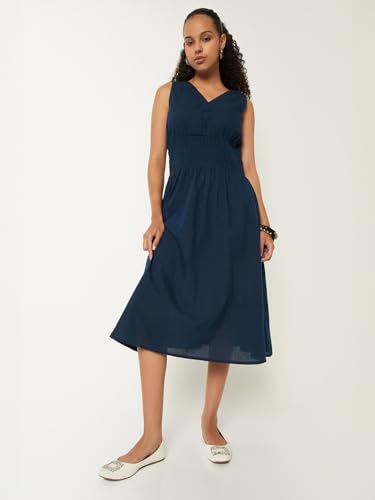 Max Women Solid A-line Dress (Blue_L)