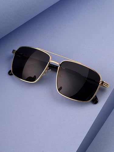 Carlton London Men Premium Polarised UV Protected Blue Lens Gold and Black Toned Rectangle Sunglasses