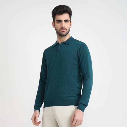 Raymond Men Contemporary Fit Solid Pattern Marino Wool Acryalic Blend Rib Collar Full Sleeve Casual Sweater