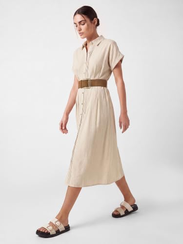 Max Women Solid Shirt Dress with Belt(Beige_S)