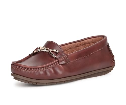 LOUIS STITCH Women's Tan Premium Slip-On Loafers with Buckle | Elegant Solid Slip-On Comfort Shoes for Casual and Formal Wear | Slip-On Loafer Shoes for Women | LSLD-BLR-HS02 | UK-5