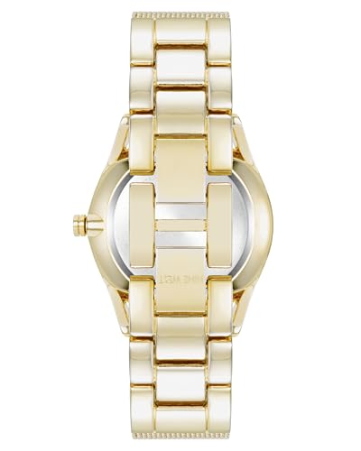 Nine West Women's Analog Watch, Gold-Tone Mesh Bracelet, Limited Movement, Mineral Crystal Lens, Black Glossy Dial, Water Resistant