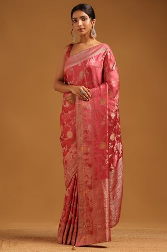 Soch Womens Onion Pink Satin Botanical Saree With Zari Work